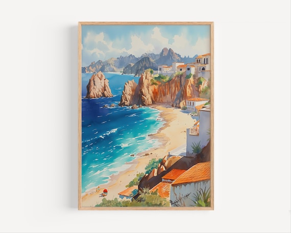 Sunny Rocky Coast Cliffs Turquoise Bay Seaside Village Watercolor Poster