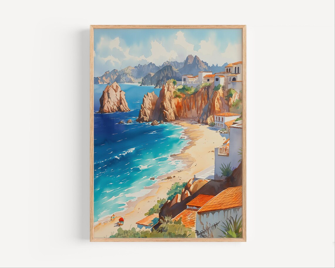 Sunny Rocky Coast Cliffs Turquoise Bay Seaside Village Watercolor Poster