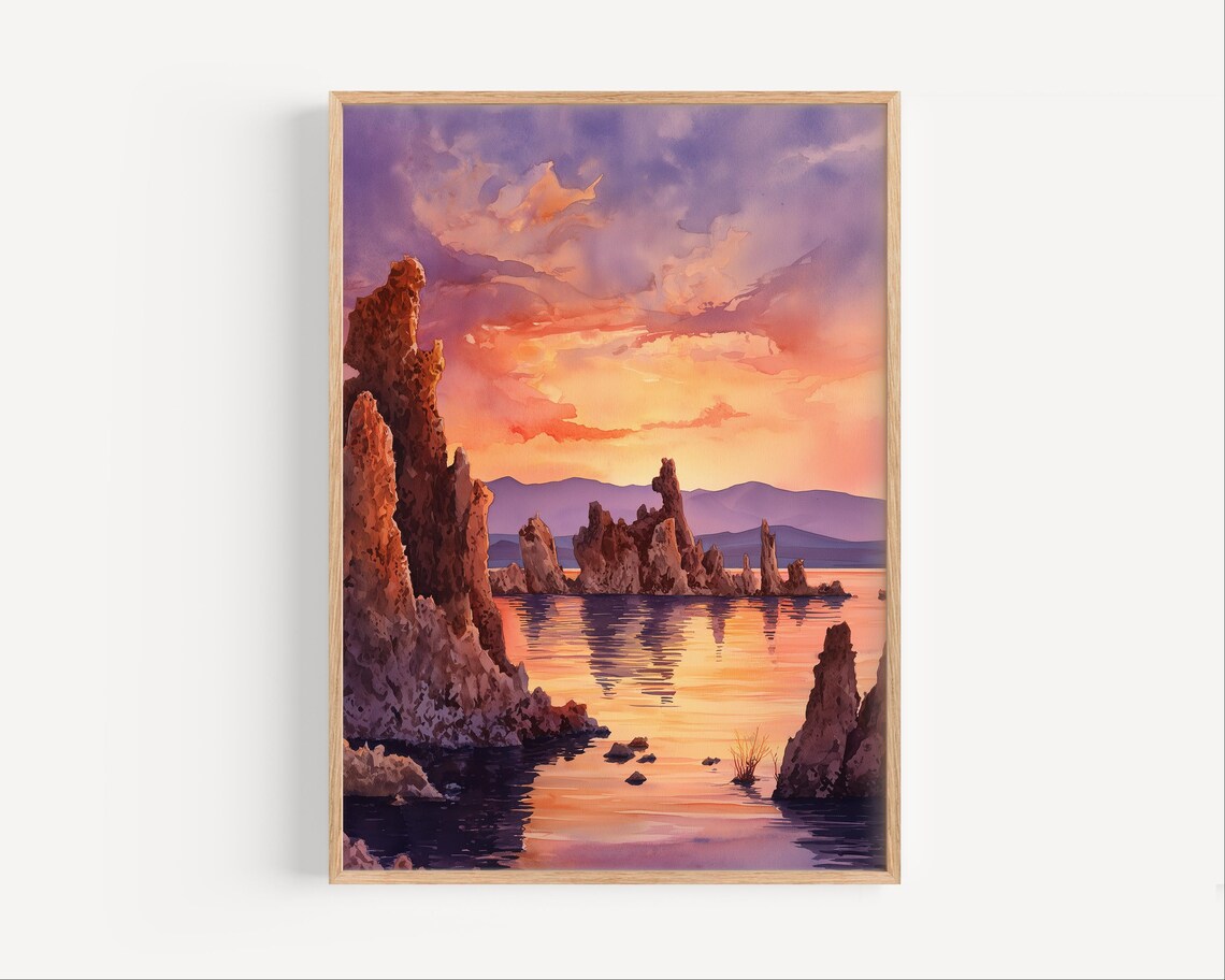 Mono Lake Tufa Towers Sunset Watercolor Painting California Wall Art