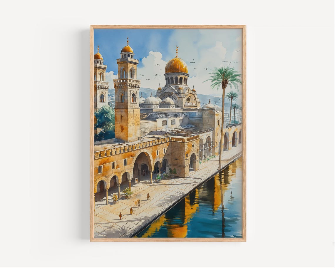 Grand Mosque with Golden Domes on Waterfront Watercolor Art Poster