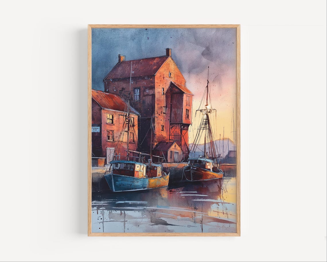 Wells-next-the-Sea Watercolor Boats Before Red Brick Quay Poster
