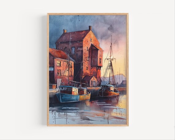 Wells-next-the-Sea Watercolor Boats Before Red Brick Quay Poster