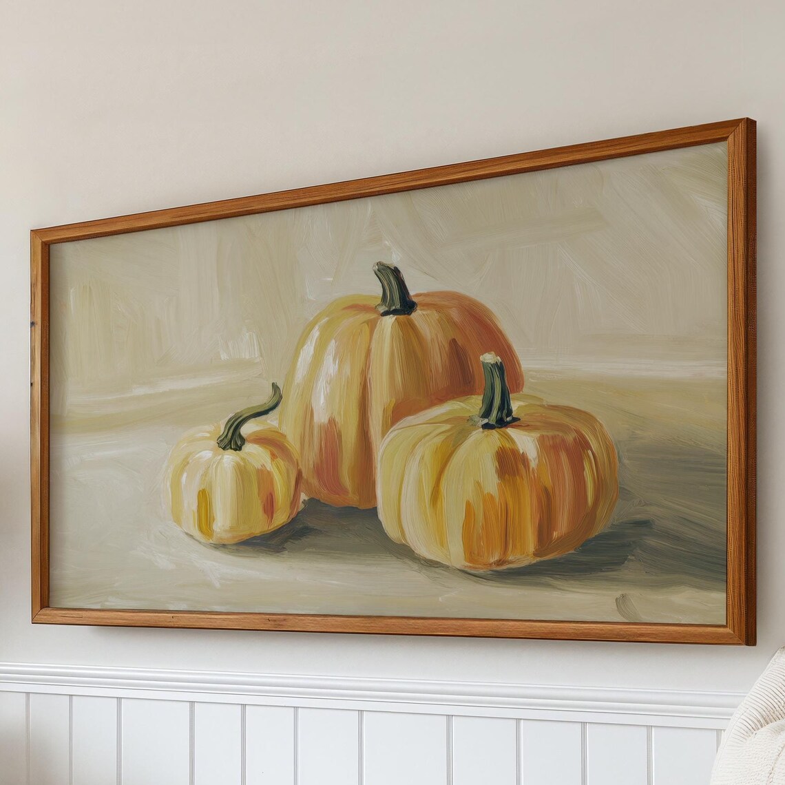 Three Pumpkins Neutral Beige Minimalist Fall Oil Painting Harvest Poster