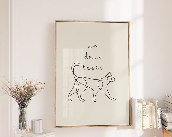 Un Deux Trois One Line Cat Drawing Minimalist Nursery Black White Wall Print