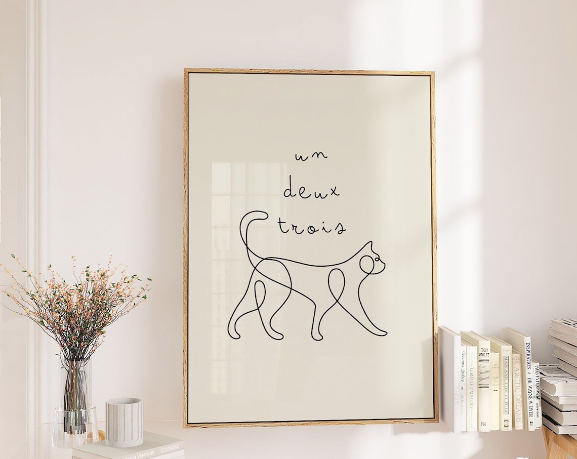 Un Deux Trois One Line Cat Drawing Minimalist Nursery Black White Wall Print