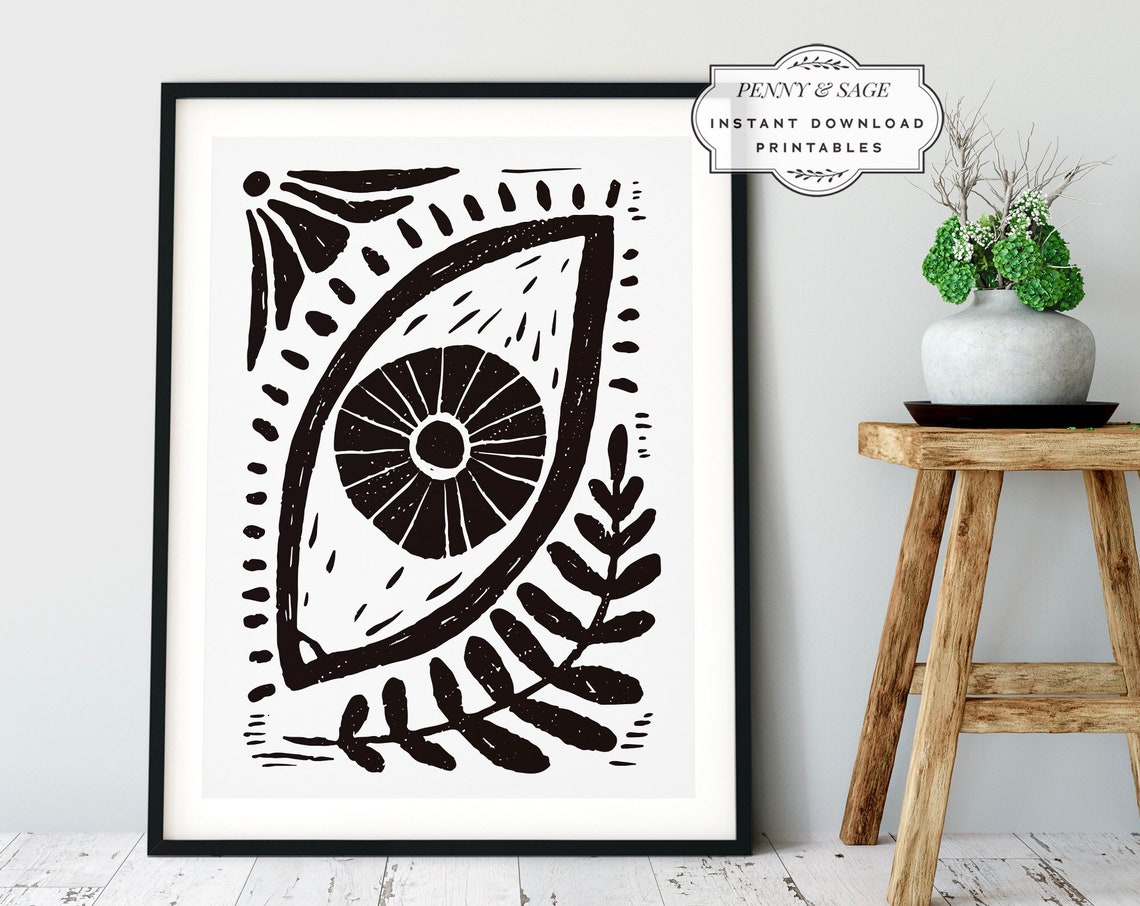 Black and White Evil Eye Botanical Abstract Linocut Style Art Poster
