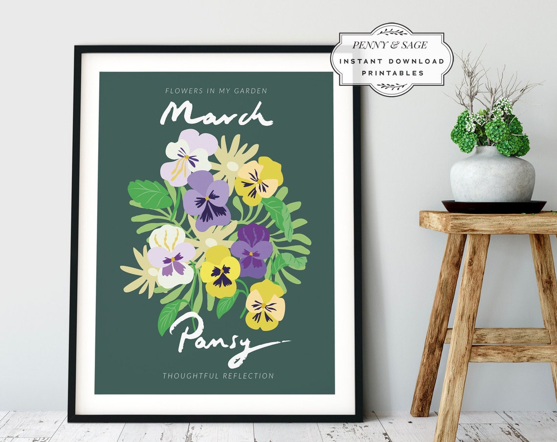 Flower Market March Month Print Botanical Wall Art Monthly Flower Wall Art Flower Market Poster Floral Art Pansy