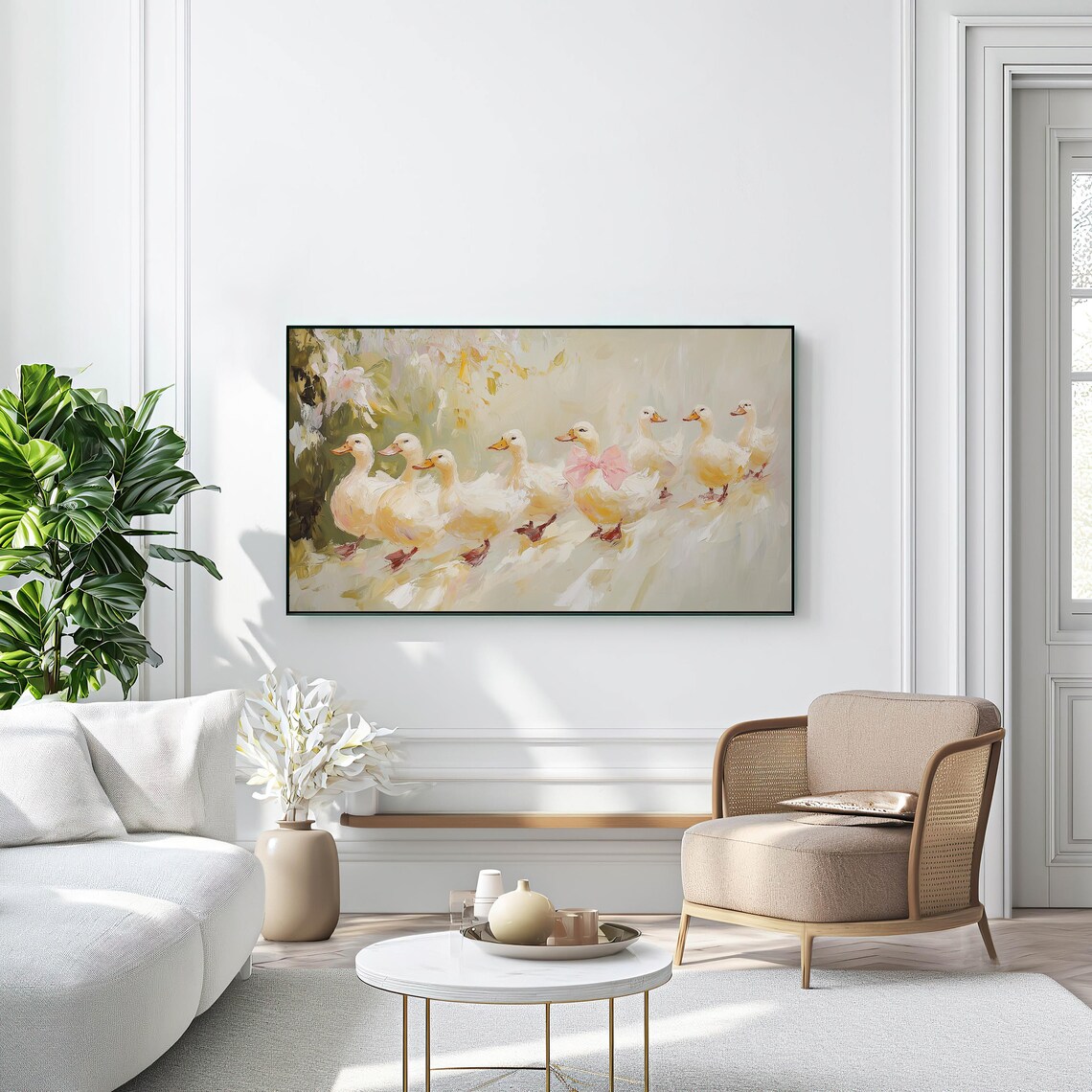 White Ducks Pink Bow Duck Family Spring Oil Painting Wall Art - Image 3