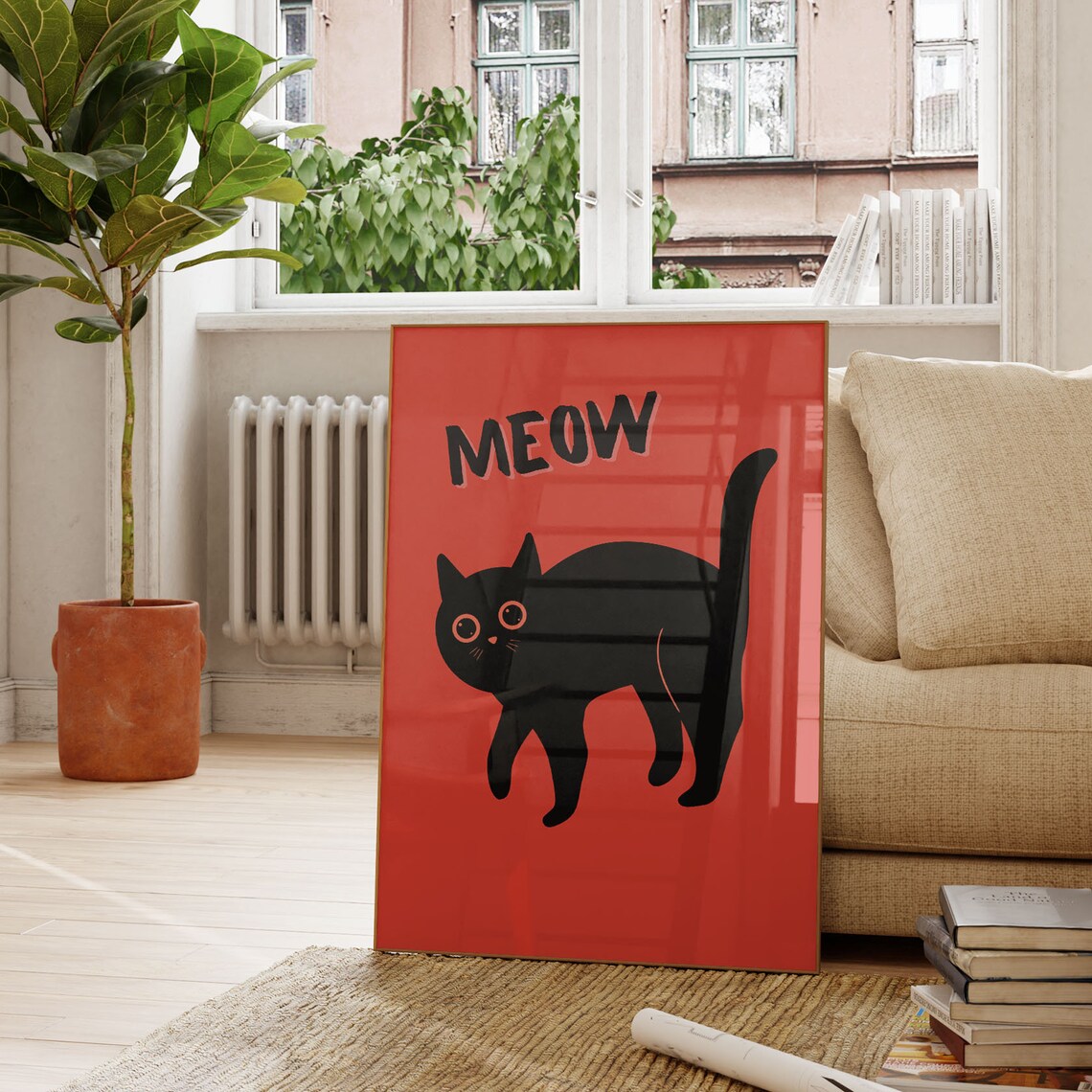 Fun Black Cat Meow Typography Bold Red Art Poster For Cat Lovers