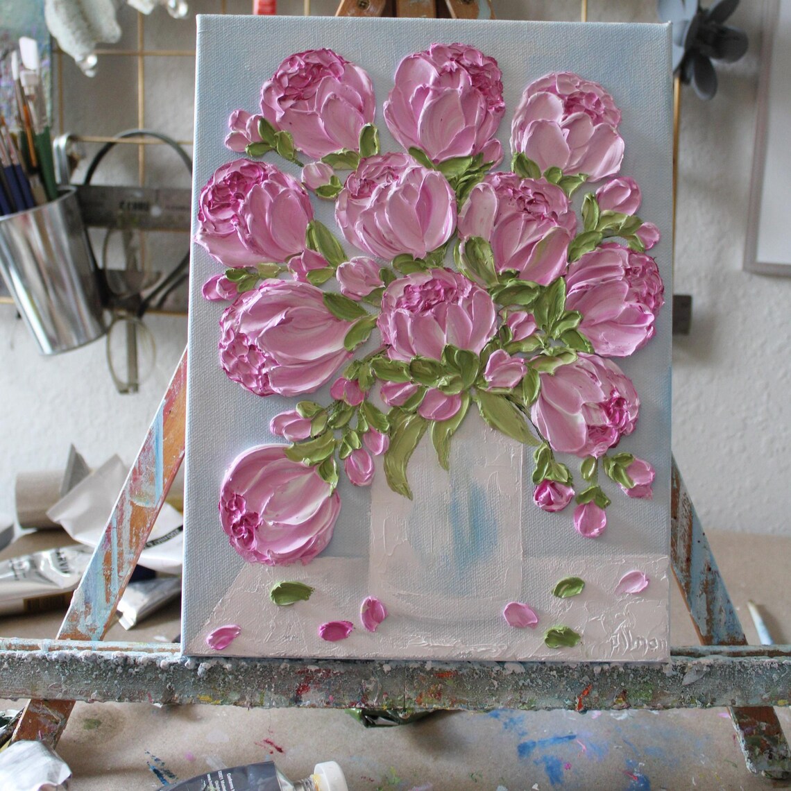 Pink Peonies Impasto Custom Oil Painting Art Print - Image 3