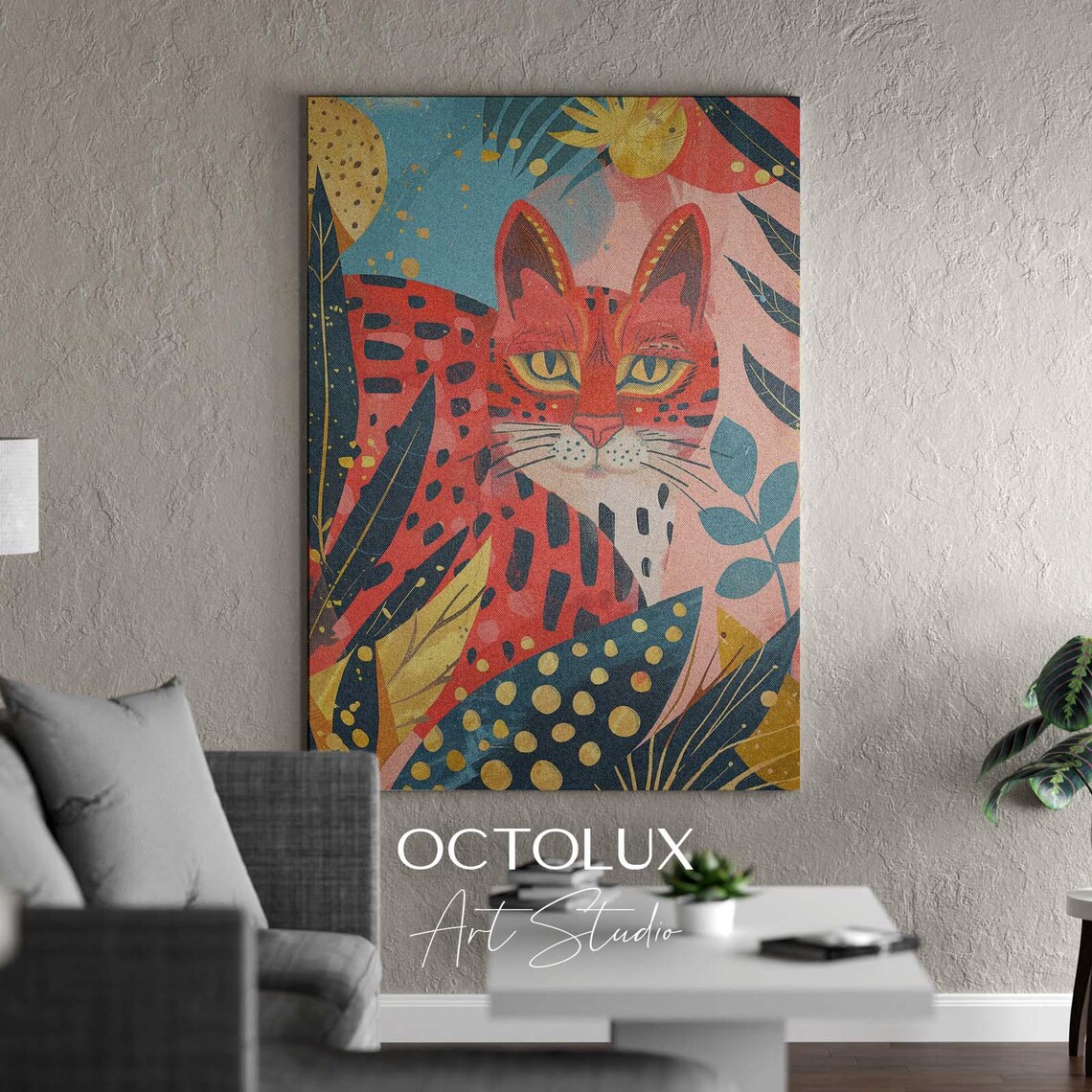 Colorful Pop Art Cat Among Tropical Leaves Playful Feline Wall Art Print - Image 4