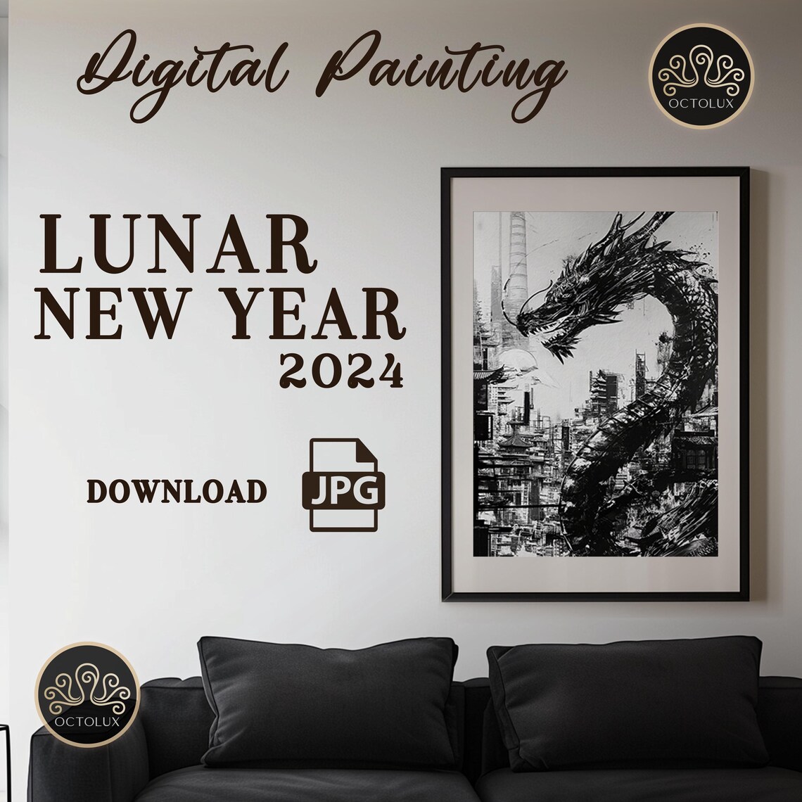 Black Ink Dragon Asian Cityscape Monochrome Art Lunar New Year Poster