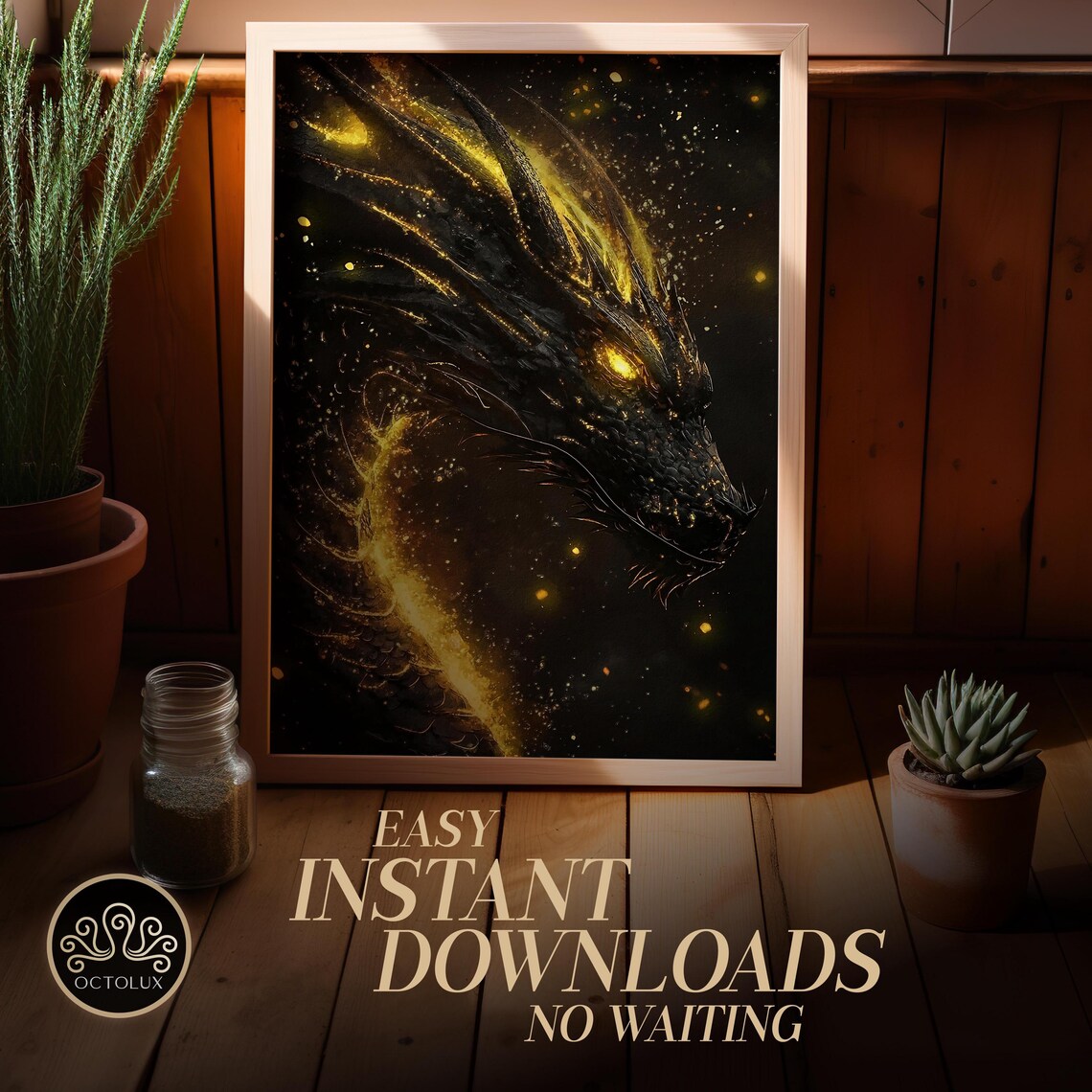 Power Black Gold Dragon Triple Panel Motivational Fantasy Wall Art Print - Image 3