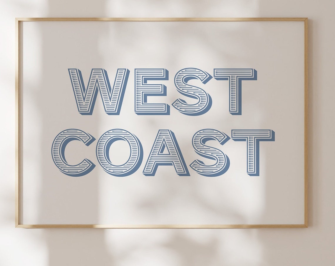 West Coast Blue Retro Striped Letters Minimalist Typography Poster