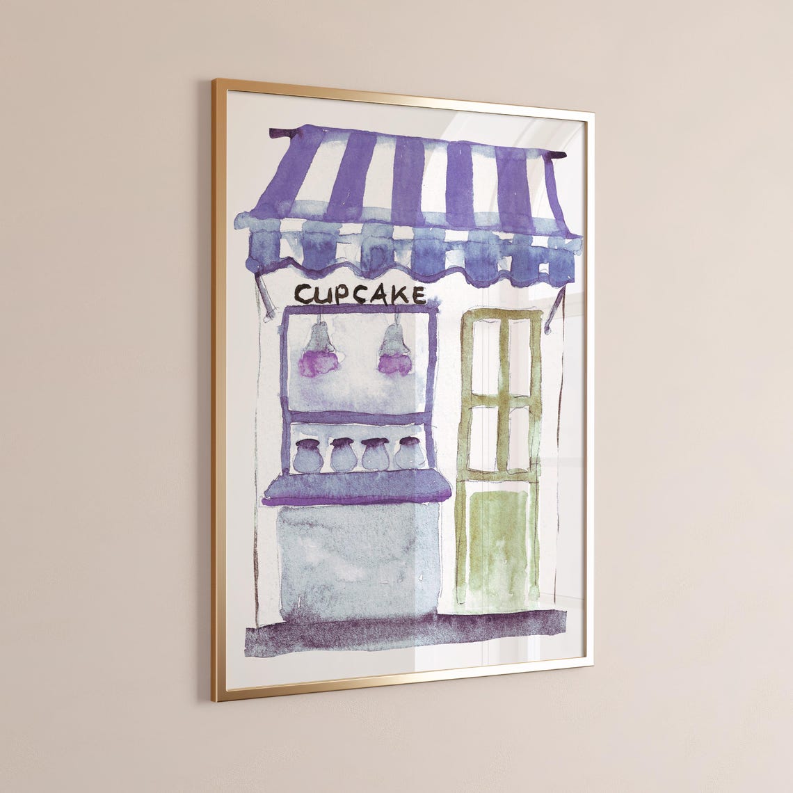 Cupcake Shop Watercolor Stand Purple Awning Green Door Bakery Wall Art - Image 2