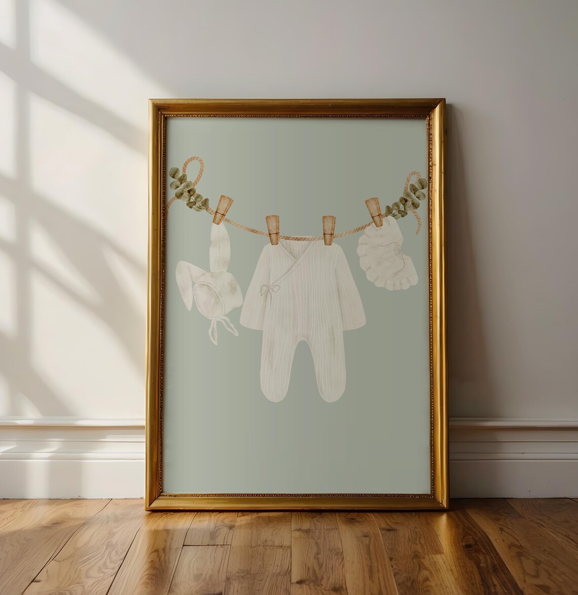 Bunny Bonnet Onesie Watercolor Clothesline Baby Room Wall Art - Image 2
