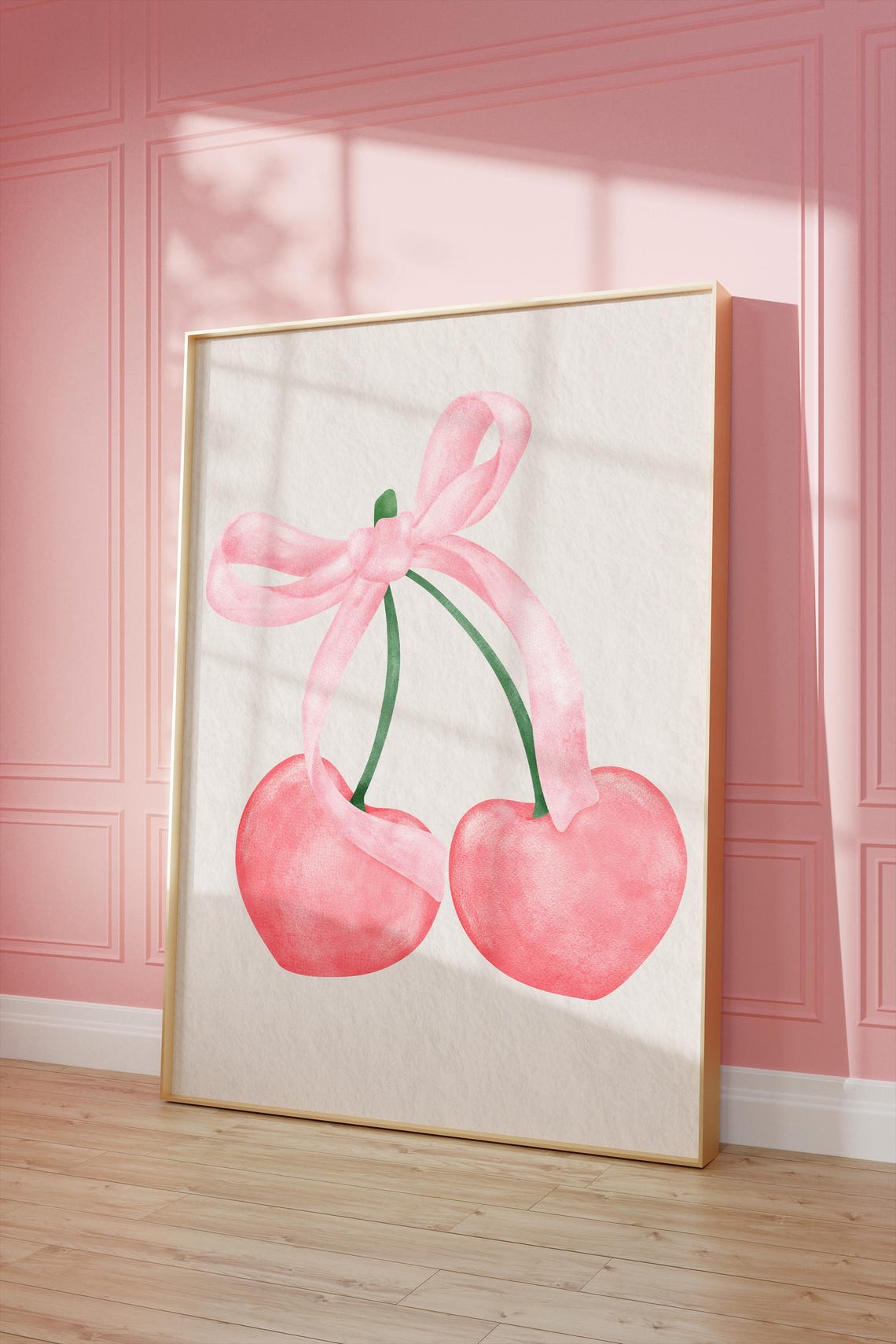 Sweet Pink Cherry Watercolor Bow Coquette Girls Nursery Poster - Image 3