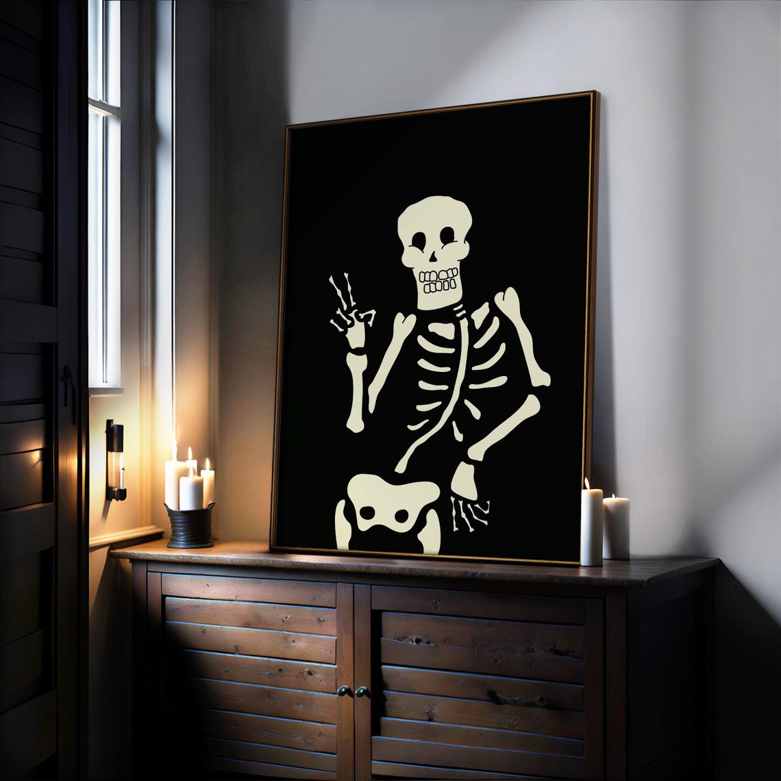 Skeleton Peace Sign Black Gothic Cool Halloween Wall Art Poster - Image 3