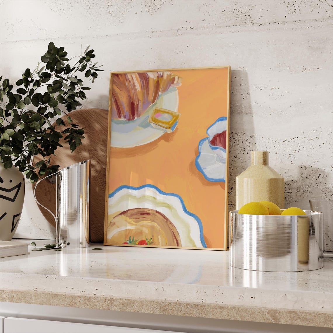Orange Breakfast Table Croissant Coffee Painting Strawberry Art Print - Image 2