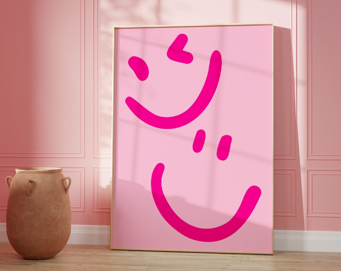 Pink Smiley Face Poster, Preppy College Decor