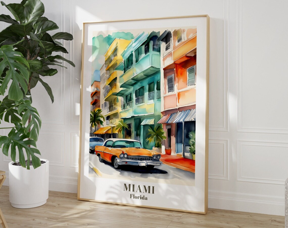 Miami Florida Watercolor Street Scene with Classic Car Travel Poster - Image 3