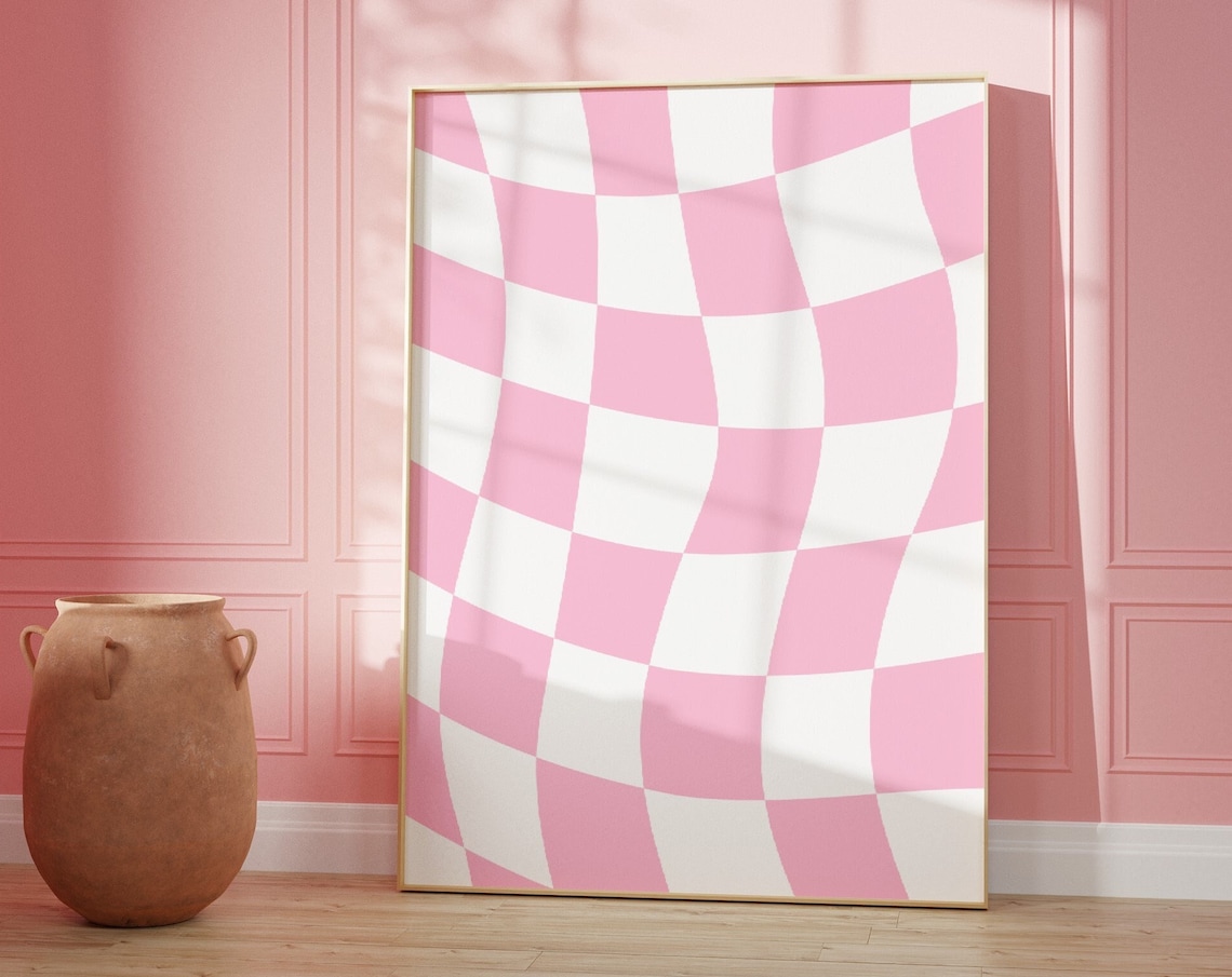 Pink Checkered Art Print, Retro Geometric Poster
