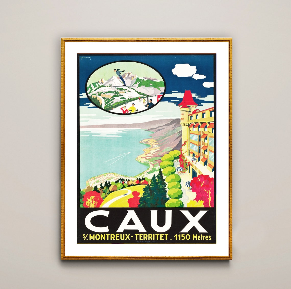 Caux Montreux Territet 1150 Metres Vintage Swiss Resort Poster Art
