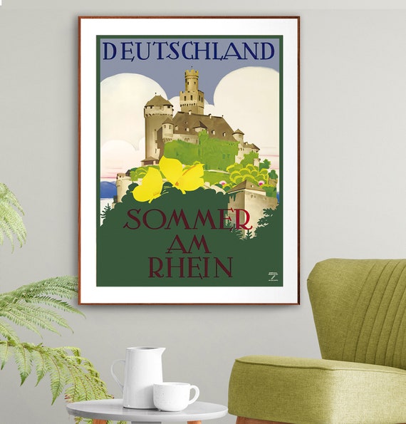 Deutschland Sommer Am Rhein Vintage Travel Poster Retro Travel Poster Gift Idea Wall Decor