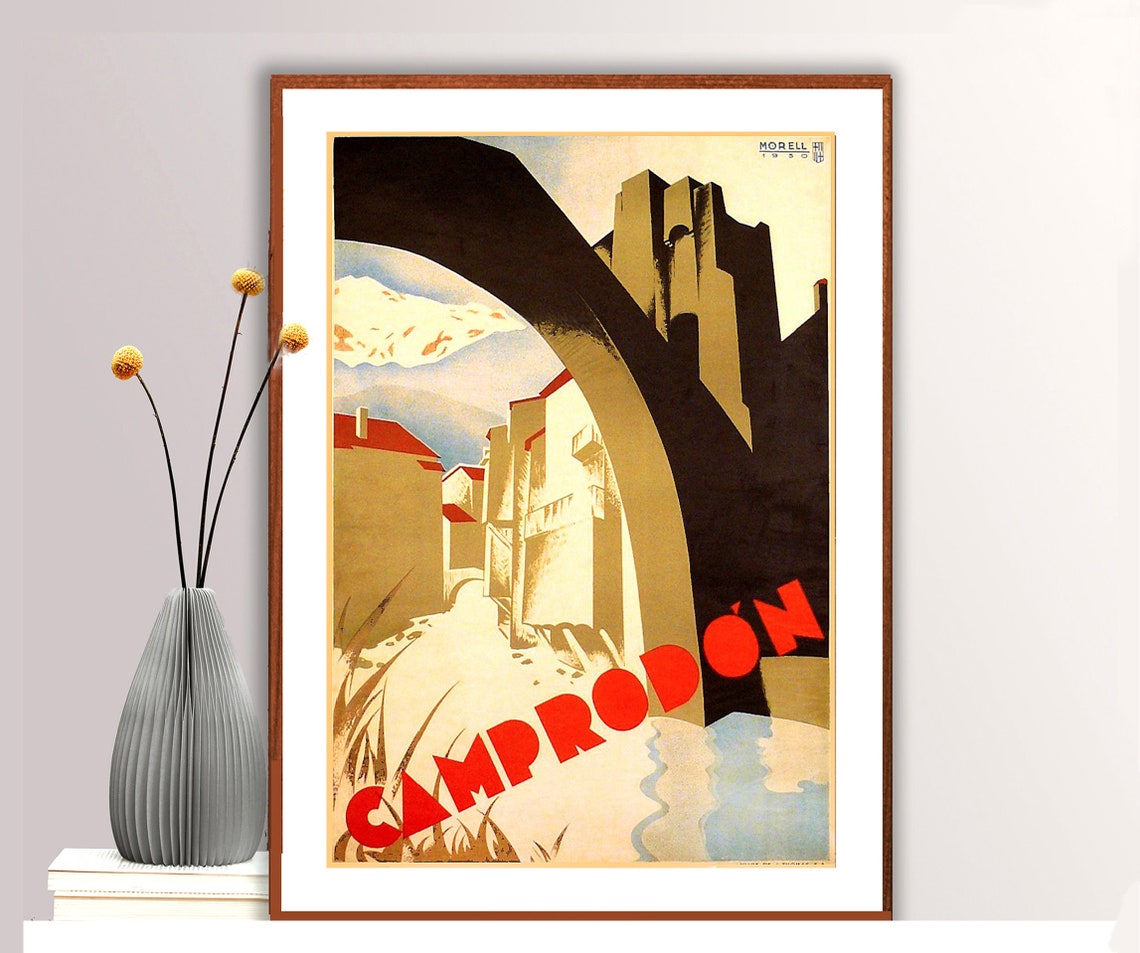 Camprodón Morell 1930 Art Deco River Bridge Village Travel Poster