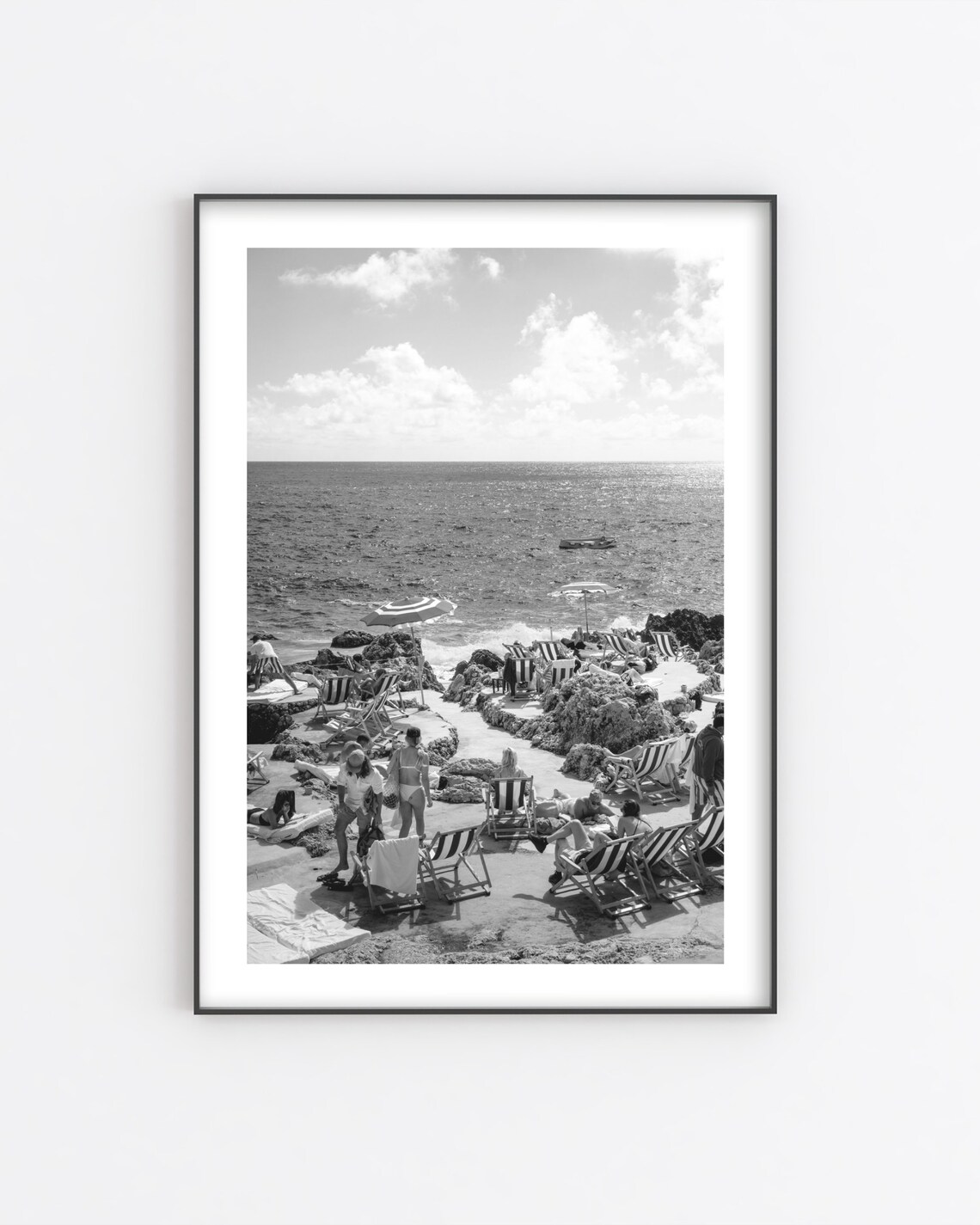 Italian Rocky Beach Sunbathers Black And White Coastal Photo Print - Image 5