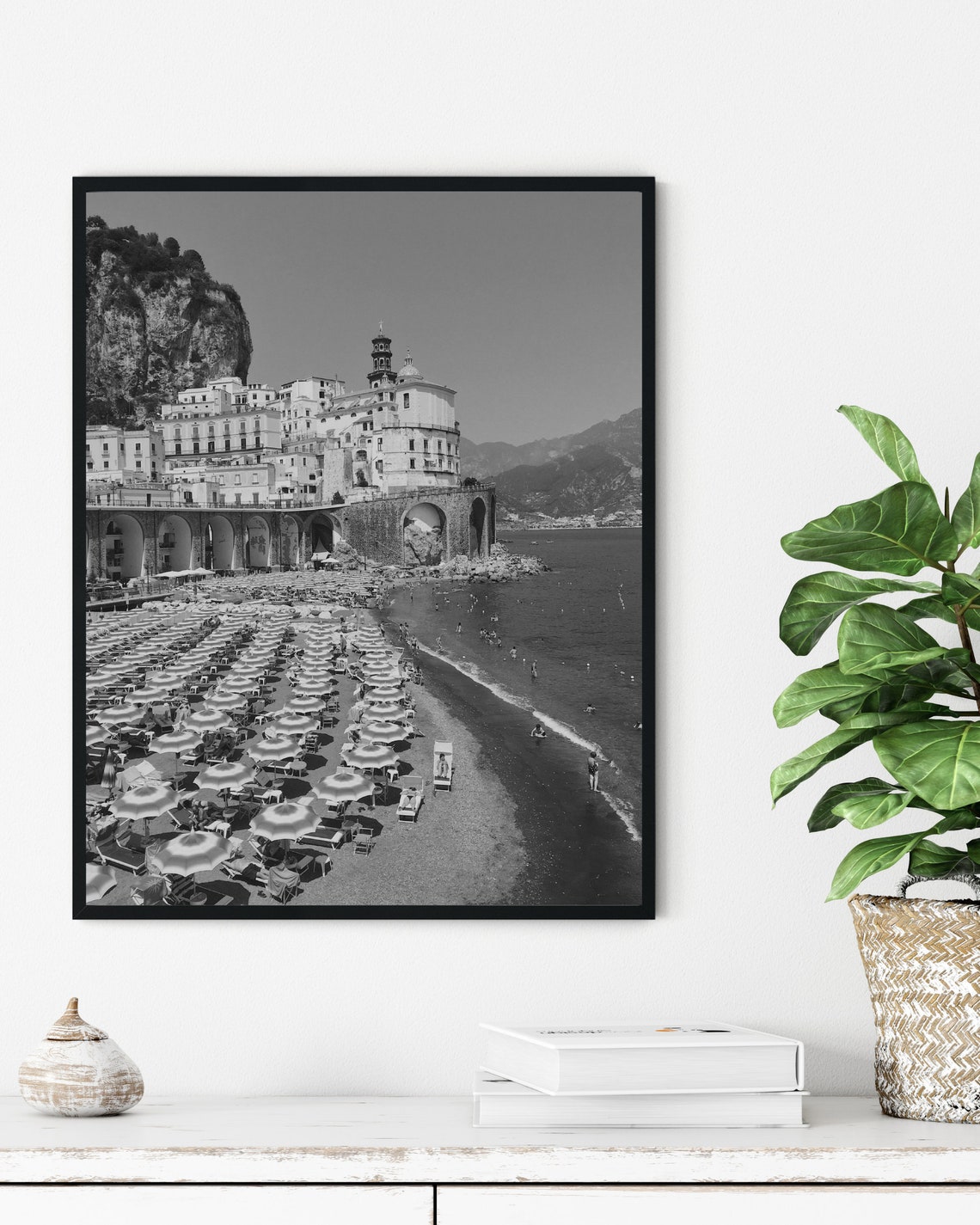 Atrani Beach Umbrellas Amalfi Coast Black And White Photo Poster - Image 2