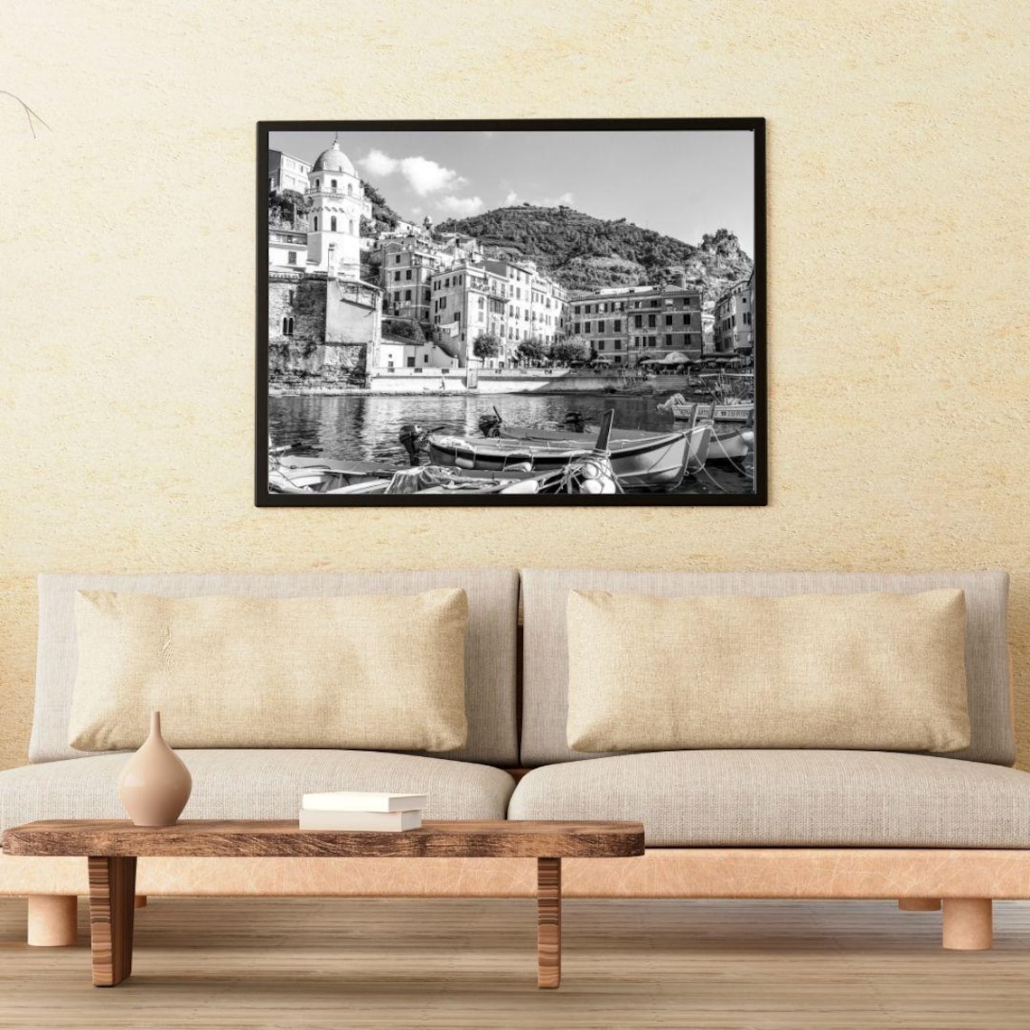 Italian Coastal Village Harbor Boats Black And White Photo Poster - Image 2
