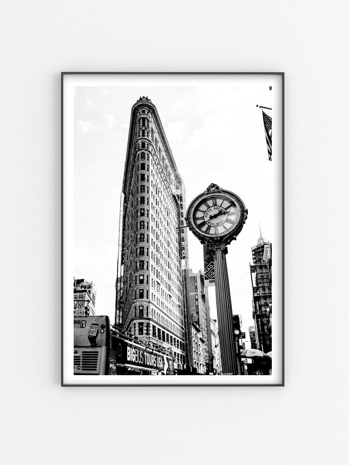 Flatiron Building Fifth Avenue Clock Black And White NYC Poster - Image 3