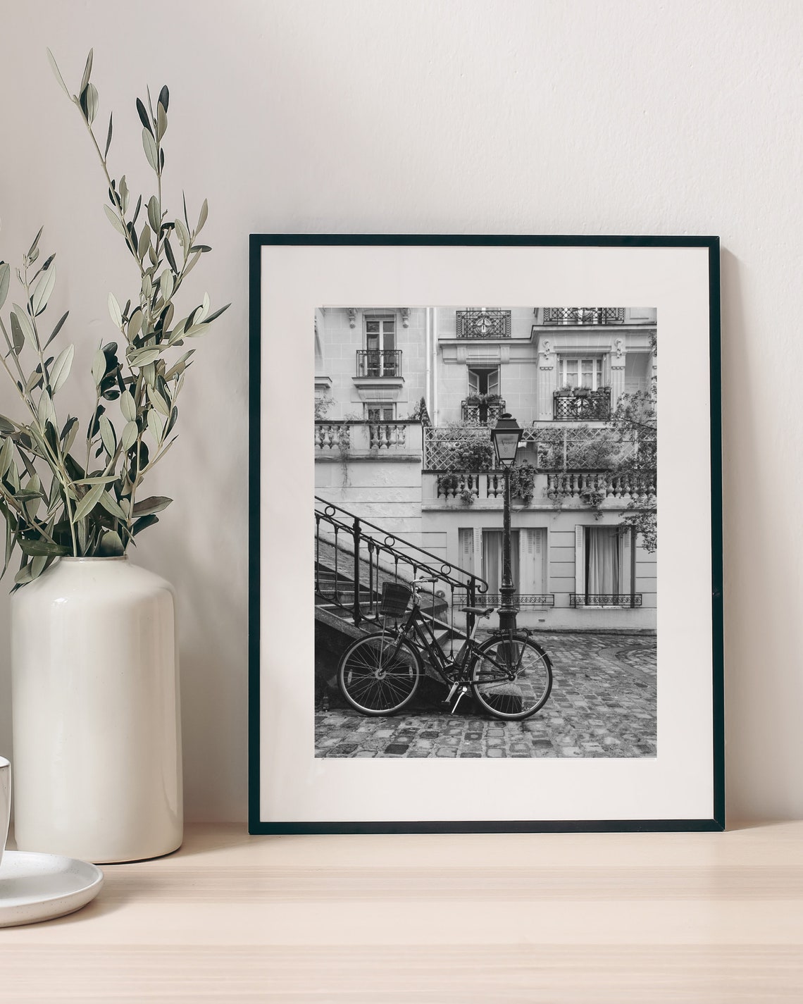 Paris Bicycle Cobblestone Street Black And White Photography Poster - Image 4