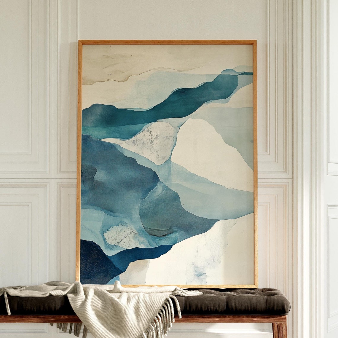 Deep Blue Abstract Watercolor Waves Mid Century Modern Wall Art