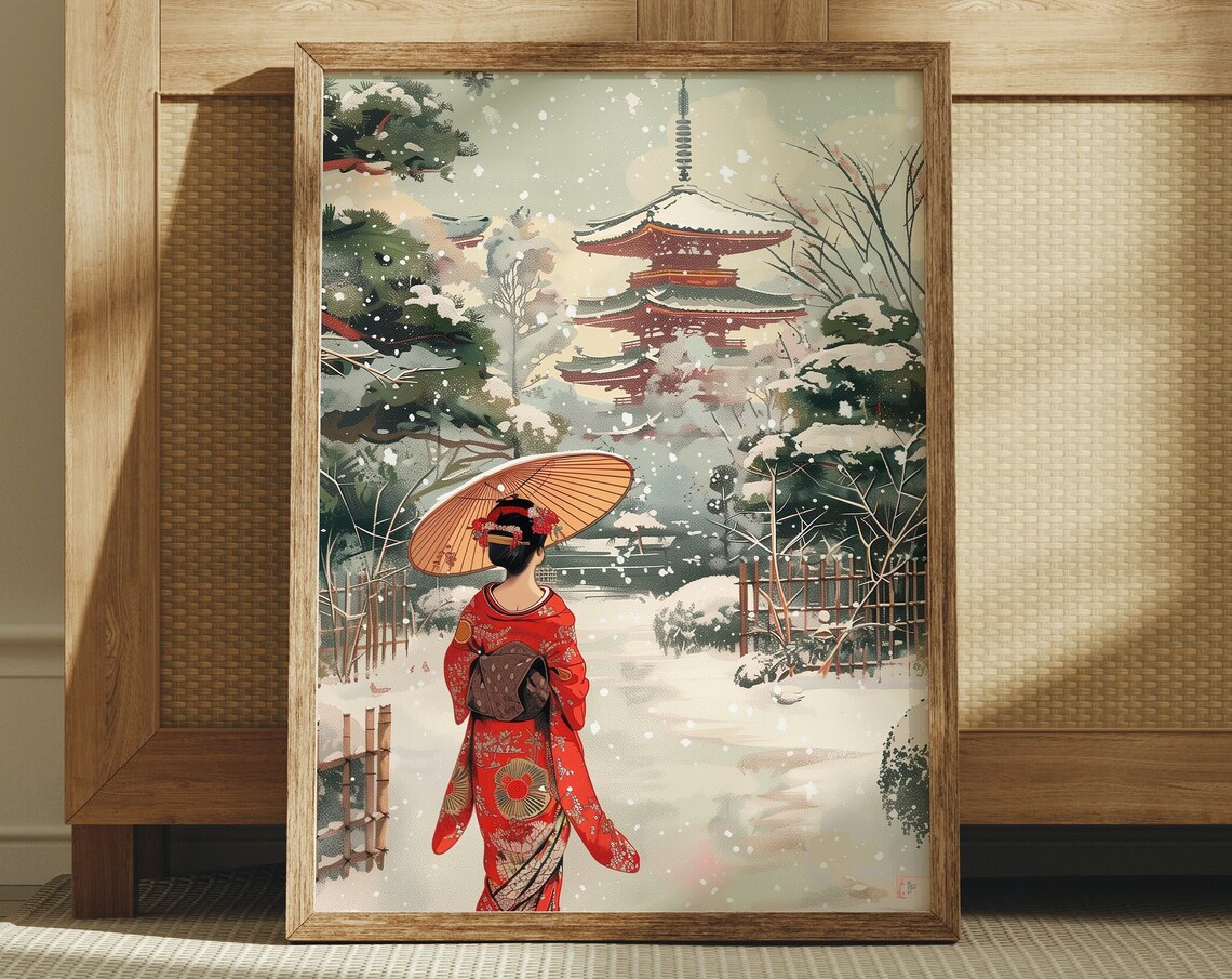 Japanese Woman Red Kimono Paper Umbrella Snowy Temple Winter Art Print