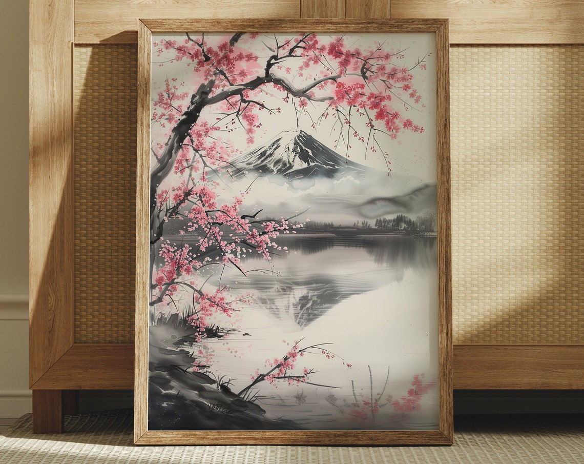 Mount Fuji Cherry Blossom Ink Wash Japanese Landscape Poster