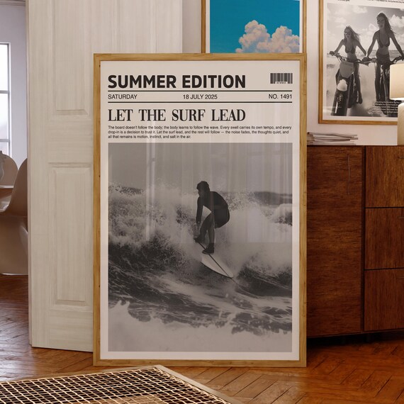 Trendy Newspaper Surf Poster Vintage Beach Wall Art Pdf Jpg
