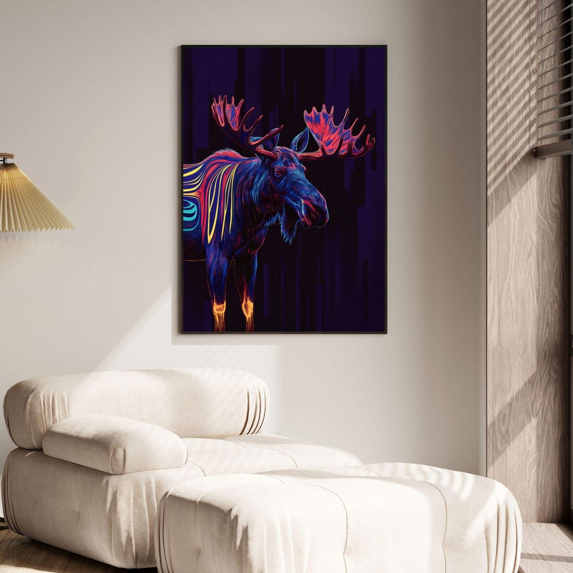 Neon Blue Moose Antlers Dark Purple Wildlife Abstract Poster - Image 3
