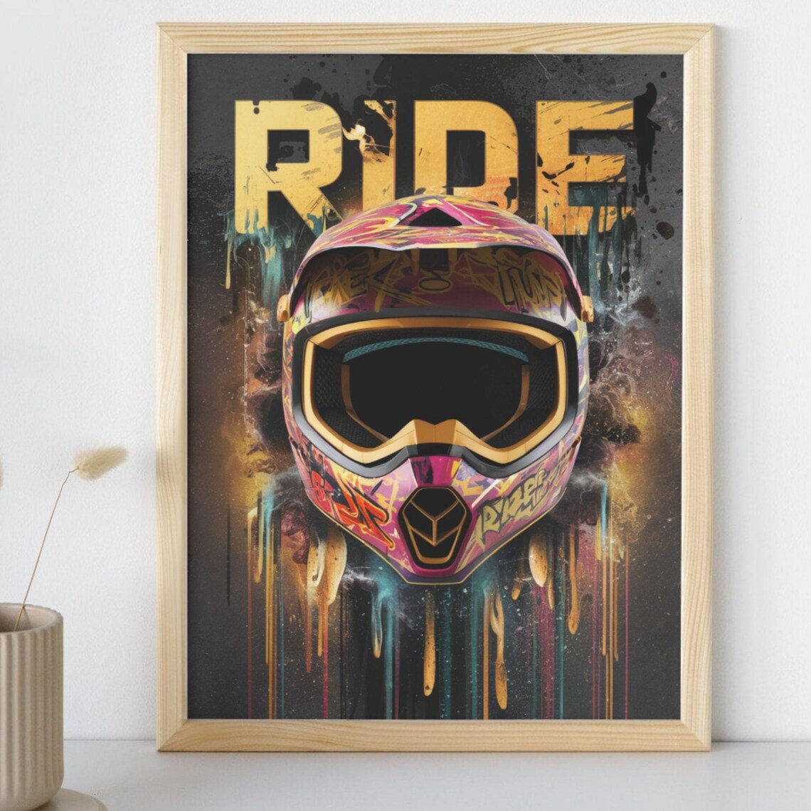 Graffiti Motocross Helmet With RIDE Text Dirt Bike Motorsport Poster