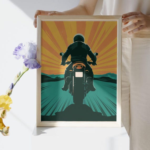 Motorcycle Art Print Sunset Rider Print Vintage Motorcycle Wall Art For Home Man Cave Decor Gift For Biker