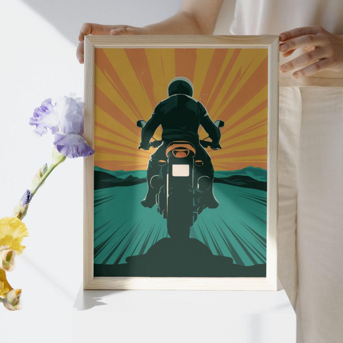 Vintage Motorcycle Sunset Ride Biker Silhouette Retro Art Poster