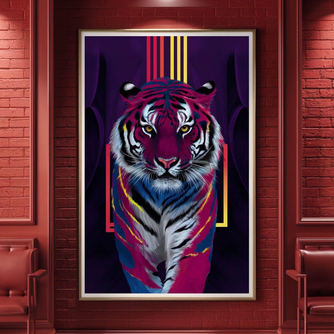 Neon Pink Blue Tiger Portrait Geometric Dark Jungle Art Poster - Image 5