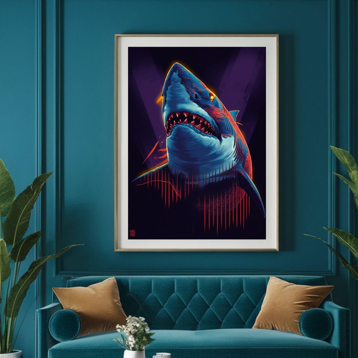 Great White Shark Pop Art Blue Red Fierce Sharp Teeth Ocean Poster - Image 5