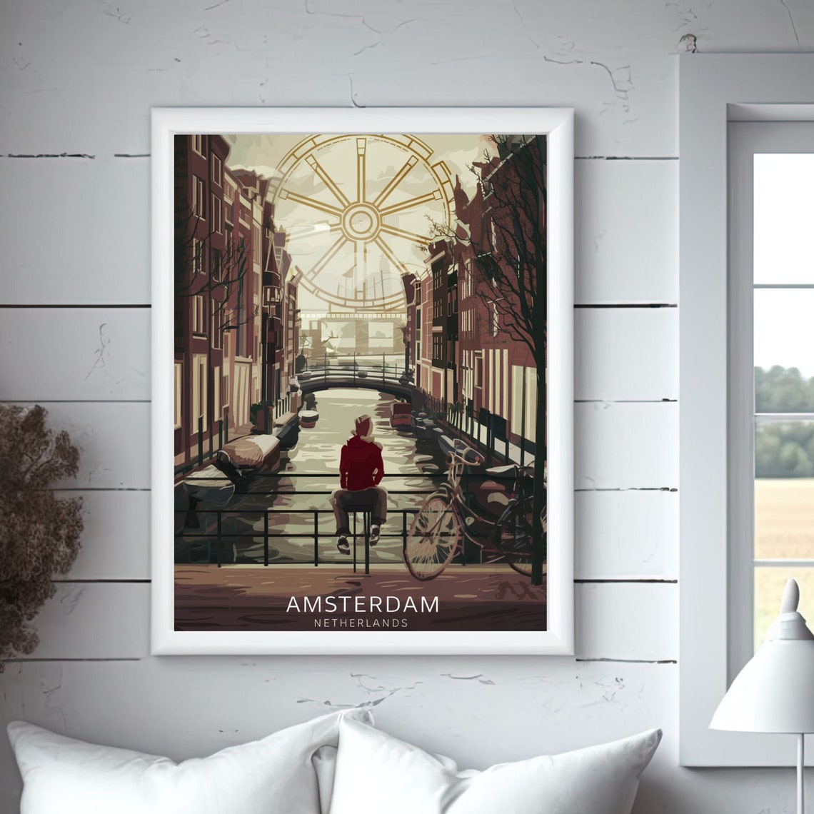 Amsterdam Canal Bridge Bicycle Netherlands Vintage Travel Poster - Image 2