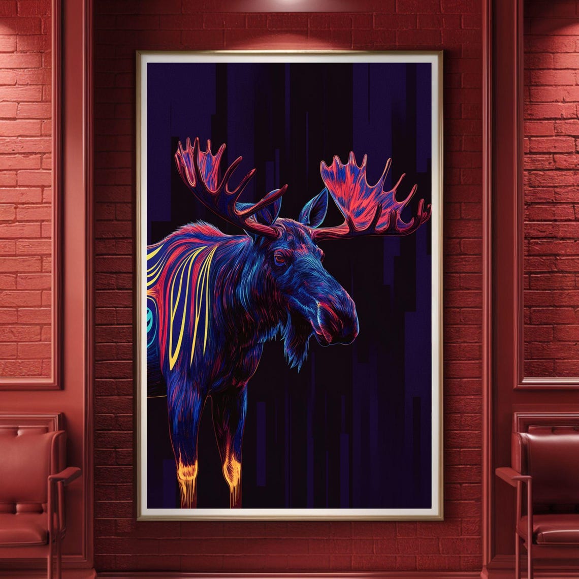 Neon Blue Moose Antlers Dark Purple Wildlife Abstract Poster - Image 5