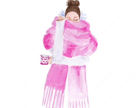 Big Pink Scarf Illustration Pink Scarf Fashion Illustration Winter Fashion Girl Art