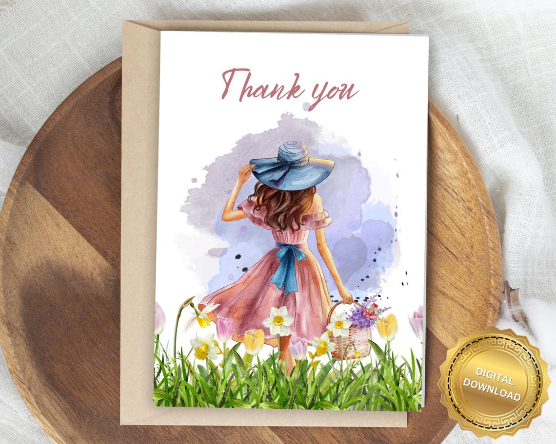 Thank You Card with Watercolor Girl in Sunhat and Flowers Poster Art
