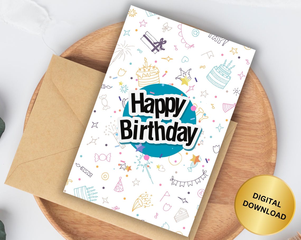 Happy Birthday Doodle Pattern Card with Cakes and Stars Poster Art
