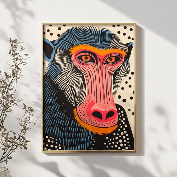 Colorful Mandrill Monkey Wall Art Print Modern Animal Portrait Poster Bold Jungle Decor Funky Safari Gift For Wildlife Lover